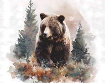Watercolor Bear Art Print Set, Rustic Wildlife Decor, Digital Download