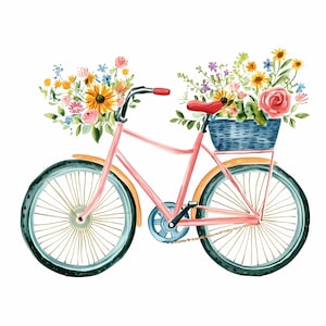 Aquarell Blumen Fahrrad Clipart-Set mit 25 Stück, Aquarell Fahrrad Illustrationen mit Blumenkörben PNG JPG für Frühlingsdekor, Karte, Papierschrott