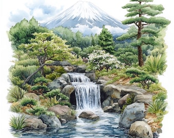 Watercolor Forest Waterfall Clipart Set, Nature Wall Art (Digital Download)