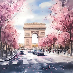 8 imágenes prediseñadas de acuarela del Arco del Triunfo de París, Arco del Triunfo parisino, arte de pared imprimible colorido del Arco del Triunfo, uso comercial