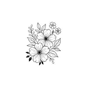 以下が含まれることがあります： 白黒のフローラルラインアートイラスト。詳細な花びらと暗い中心を持つ2つの大きな花が、葉と小さな花に囲まれています。繊細な植物画です。
