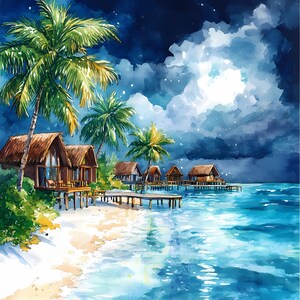 Moonlight Seaside Watercolor Scenery Illustrations, Dark Romantic Waterfront, Moonlight Over Sea, Moon Over Ocean Landscape, Night in Tropic