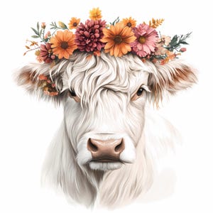 8 imágenes prediseñadas de vacas de las Tierras Altas con flores en acuarela, PNG de alta calidad, descarga digital, creación de tarjetas, scrapbooking, planificador digital