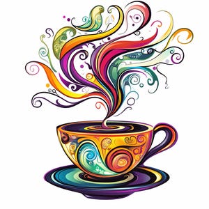 May include: A colorful, abstract design of swirling lines and shapes resembling steam rising from a teacup. The teacup is decorated with a similar pattern in shades of blue, green, yellow, orange, and purple.