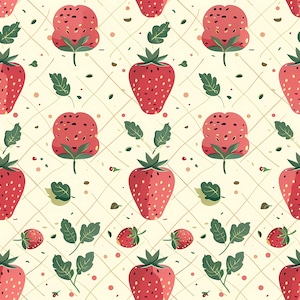 Repeating strawberry illustration pattern inspired by fresh summer fruits, featuring soft color transitions, rounded shapes, and decorative elements that create a cozy and joyful mood, perfect for wallpaper accents, fabric surfaces, craft projects, digital scrapbooking, stationery sets, kitchen themed decor, and cheerful seasonal designs.