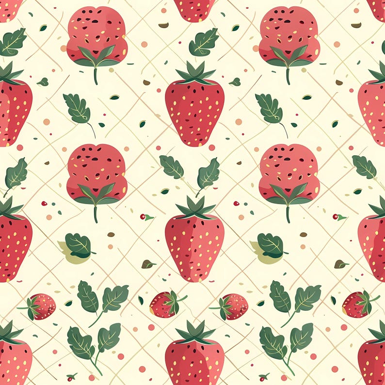 Repeating strawberry illustration pattern inspired by fresh summer fruits, featuring soft color transitions, rounded shapes, and decorative elements that create a cozy and joyful mood, perfect for wallpaper accents, fabric surfaces, craft projects, digital scrapbooking, stationery sets, kitchen themed decor, and cheerful seasonal designs.