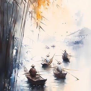 Paisaje de pesca en barco asiático, imágenes prediseñadas de un hombre asiático pescando, imágenes prediseñadas de un pescador chino, imágenes prediseñadas de acuarela imprimibles.