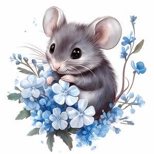 8 lindos ratones clipart acuarela PNG de alta calidad, paquete de imágenes prediseñadas de ratones florales, manualidades de papel de descarga digital, diarios basura