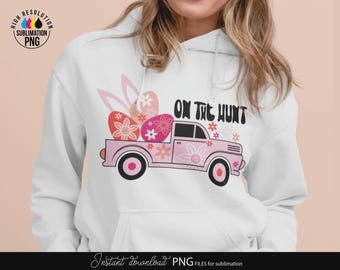 Imágenes prediseñadas PNG de camión de conejito de Pascua, diseño floral de recogida de huevos, gráfico retro de sublimación de primavera