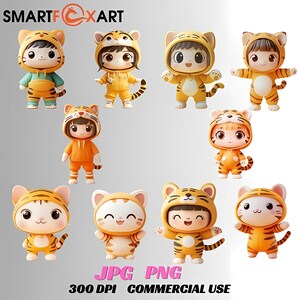 Bundle de cliparts mignons enfants et animaux en costumes de tigre, adorable grenouillère bébé tigre PNG JPG pour créations artisanales, cartes, sublimation, produits à imprimer