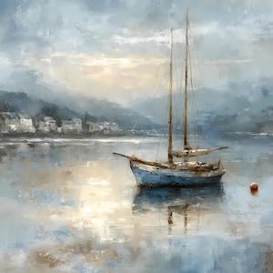 Può includere: Dipinto a olio raffigurante un sereno paesaggio marino con una barca a vela blu su acque calme. La barca ha due alberi e si riflette nell'acqua. Un piccolo paese e montagne sullo sfondo, sotto un cielo nuvoloso.