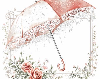 Zestaw clipartów z kwiatowym parasolem w stylu vintage, kwiaty akwarelowe w stylu shabby chic, romantyczna ilustracja botaniczna