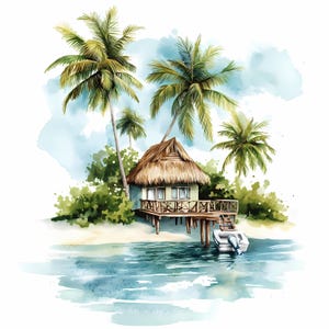 10 Lonely Island Clipart Bundle, Isola divertente con palme, Casa estiva stampabile con acquerello sull'isola, Carta artigianale, diari spazzatura