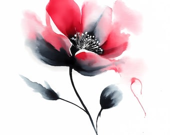 Red and Black Watercolor Flower Art Print: Modern Botanical (Digital Download)