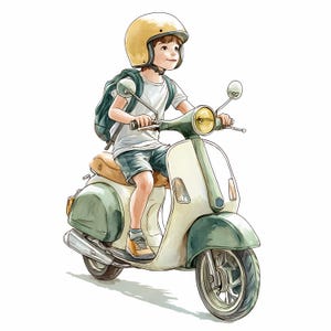 Set di 12 clipart di un ragazzo con scooter, clipart di un ragazzo con scooter, download digitale di alta qualità per la decorazione murale della cameretta dei bambini