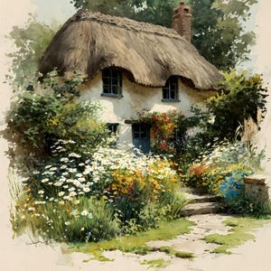 May include: A watercolour painting of a charming cottage with a thatched roof, set amidst a vibrant garden of flowers and foliage. The cottage features small windows and a chimney, with a stone path leading to the front door.