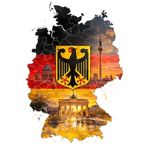 May include: A map of Germany, incorporating the German flag's colours and famous landmarks. The map includes the Brandenburg Gate, Berlin Cathedral, and the Berlin TV Tower. The German coat of arms, a black eagle, is centered.