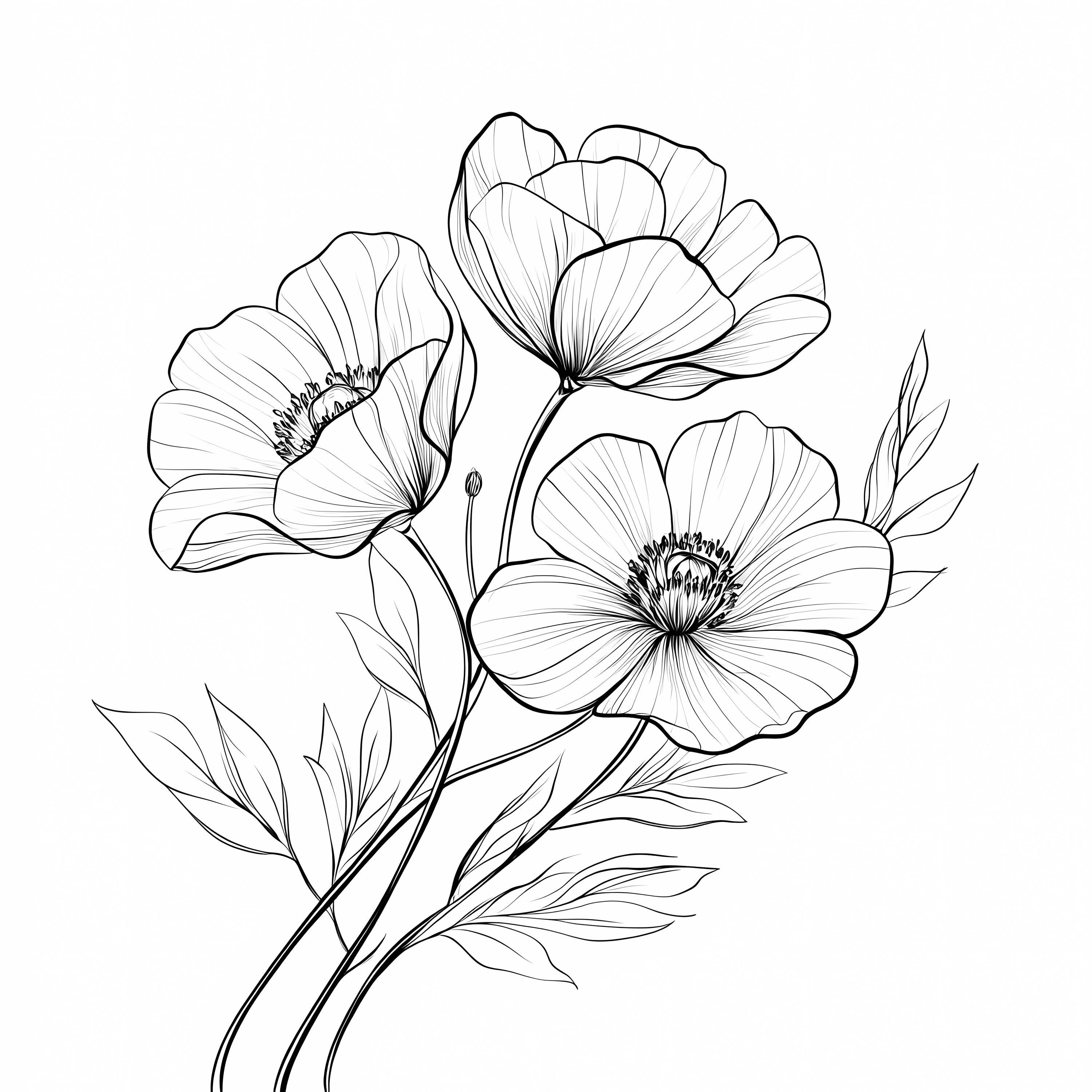 Clipart de arte lineal de tallo floral: ramo de flores en blanco y negro  (PNG JPG) - Etsy México, image size:3000x3000