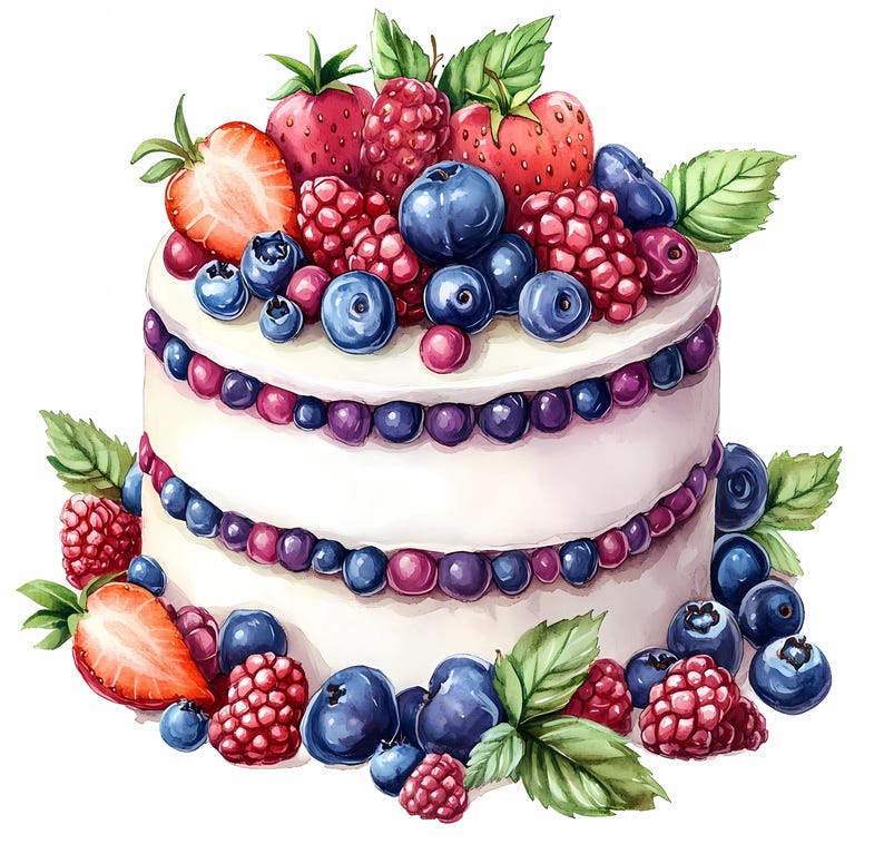 Watercolor Berry Cake Clipart Bundle: Printable Dessert Art, PNG JPG ...