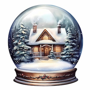 Boule à neige chalet de Noël rustique PNG – lot de 11 cliparts de scènes de vacances d'hiver – téléchargement immédiat pour projets de bricolage, sublimation, impressions