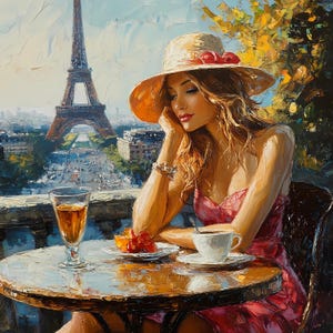 Mulher elegante em Paris, Torre Eiffel para download, arte de parede digital, impressão em estilo de pintura a óleo, verão chique, arte de parede de alta qualidade para impressão PNG