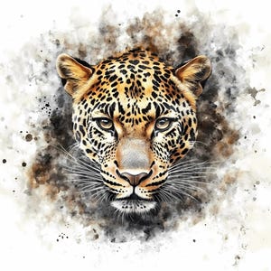 Puede incluir: Un primer plano de la cara de un leopardo con un fondo de acuarela. El leopardo tiene un pelaje manchado y una expresión seria.
