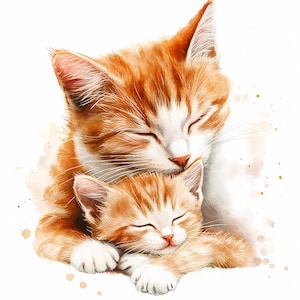 8 moeder kat draagt kitten clipart, zachte katachtige liefde illustratie, afdrukbare kat aquarel clipart hoge kwaliteit png's voor de inrichting van de kinderkamer