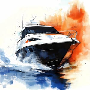 Bundle de cliparts aquarelle de hors-bord de luxe, art moderne de yacht de bateau à moteur, hors-bord numérique en téléchargement PNG JPG, décoration murale nautique, navigation de plaisance