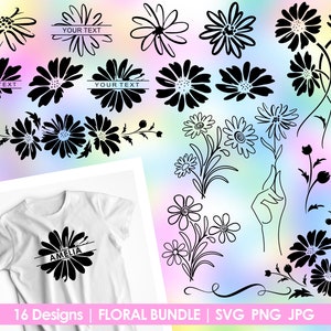 May include: A set of 16 black and white daisy flower SVG cut files. The designs include single flowers, bouquets, and floral borders. The text "YOUR TEXT" and "AMELIA" are included in the design.