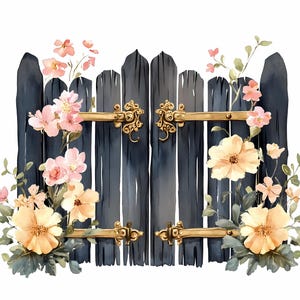 Cottage avec porte de jardin et fleurs | 8 PNG aquarelles de haute qualité | Journalisation du courrier indésirable | Album | Modèle d'artisanat en papier