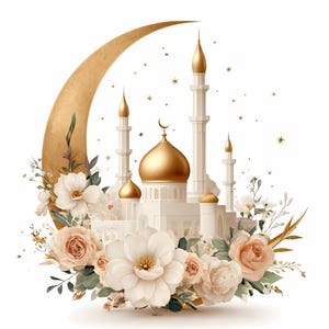 Gouden moskee met maansikkel en bloemendecor Islamitische Eid-clipartset, luxe gouden halve maan-moskee illustratie, Eid Mubarak png JPG DIY