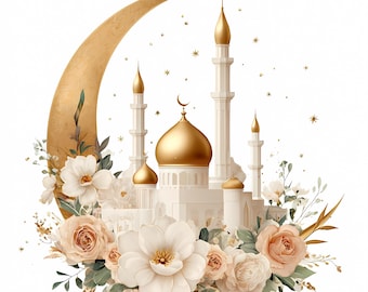 Golden Mosque Eid Clipart Set,Crescent Moon ,Floral Decor PNG ,JPG,981