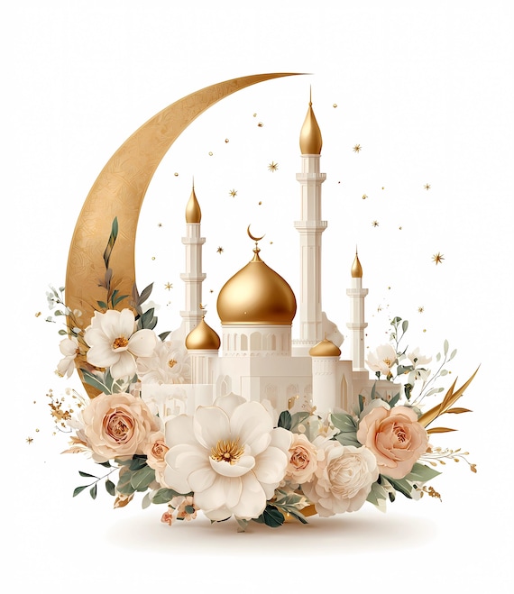 Golden Mosque Eid Clipart Set: Crescent Moon & Floral Decor (PNG JPG)