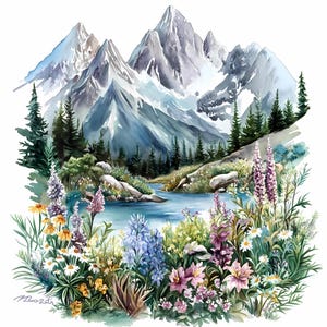 Paquete de imágenes prediseñadas de acuarela de flores silvestres y lago de montaña, flores florecientes y escenas naturales de montañas alpinas PNG JPG