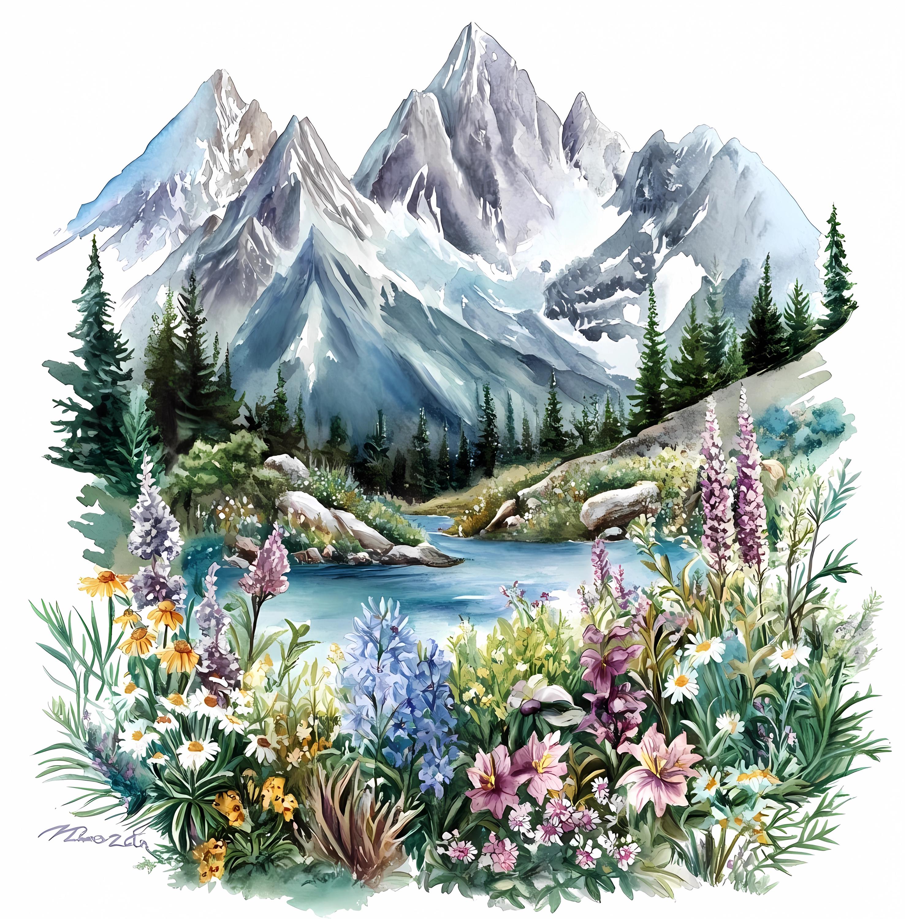 水彩画風の野花クリップアート：山と湖の風景 PNG JPG バンドル、856