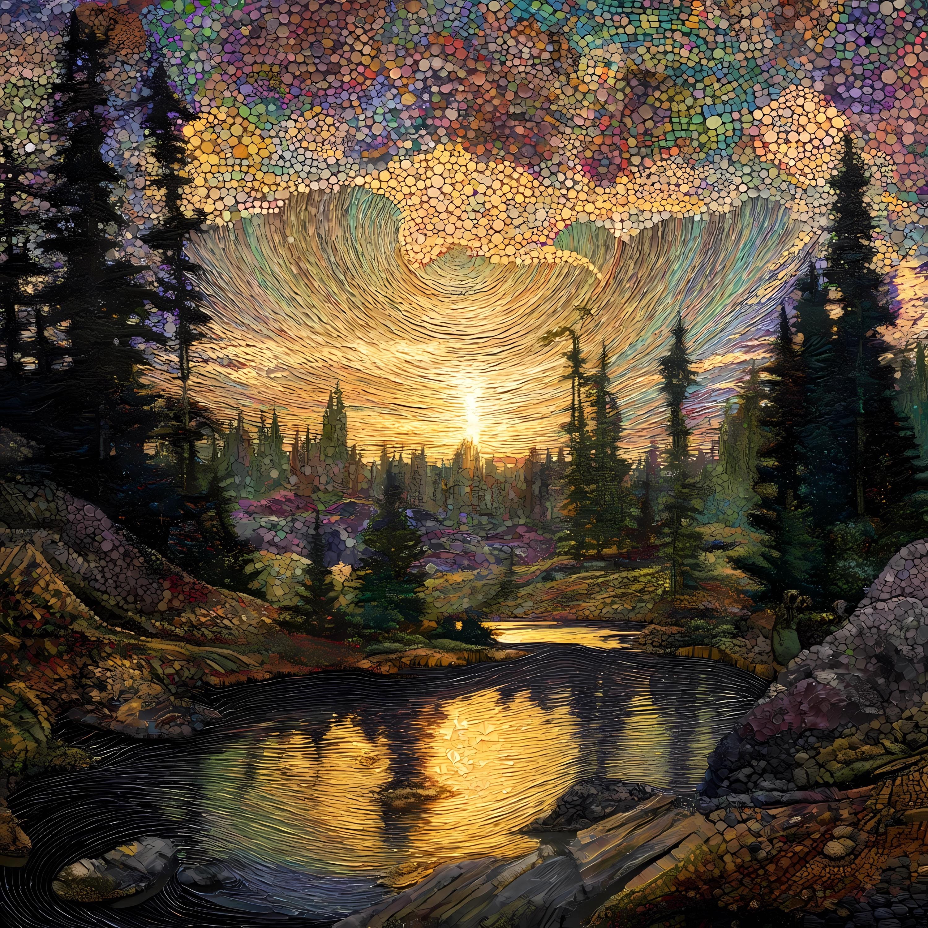 Mosaic Sunset River Landscape Art Bundle, Forest Nature, Golden