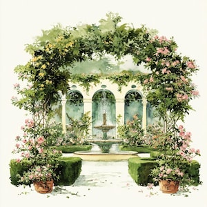 Vintage Garden Fountain Clipart Bundle Set of 15 – Romantic Watercolor Wall Art with Roses and Elegant Details