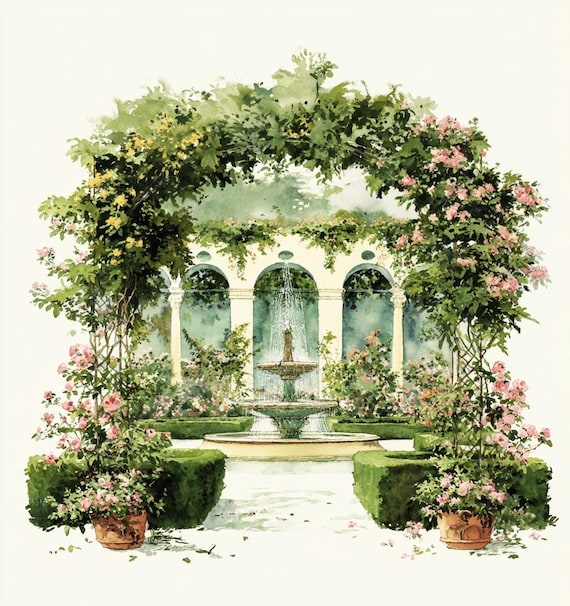 Watercolor Garden Fountain Clipart: Romantic Roses, Shabby Chic