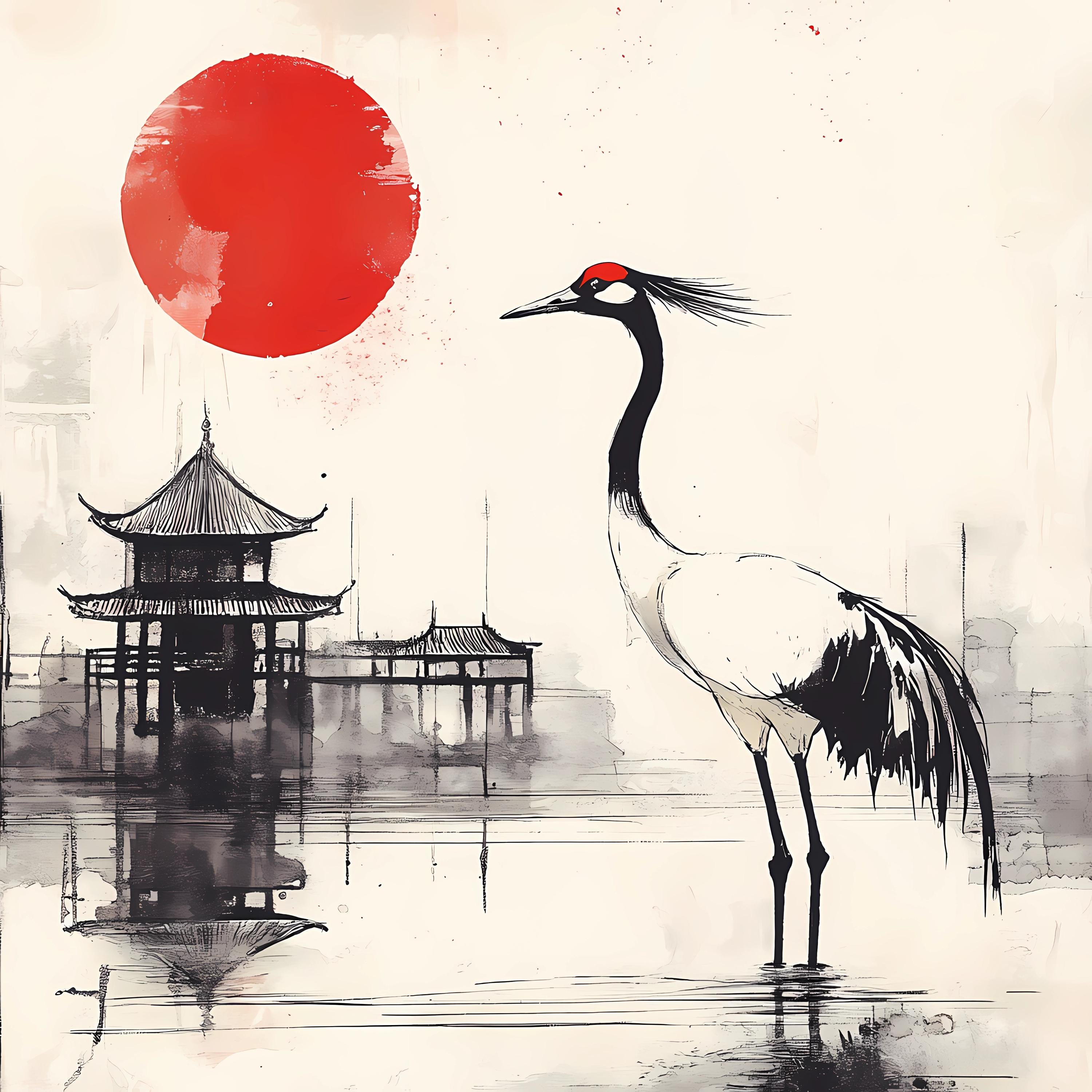 8 Sumi Ink Crane Clipart Japanese Watercolor Temple And Red Sun 
