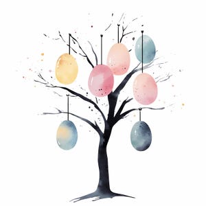 Puede incluir: Una pintura de acuarela de un árbol desnudo con seis huevos de Pascua coloridos colgando de sus ramas. Los huevos están pintados en tonos de azul, rosa y amarillo.