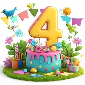 Paquete de imágenes prediseñadas de números de pastel para el 4.º cumpleaños, imágenes prediseñadas de pastel, imágenes prediseñadas de dibujos animados imprimibles, PNG de alta calidad, manualidades de papel, diario basura