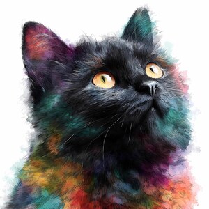 Bundle de cliparts aquarelle chat noir arc-en-ciel, portraits colorés de chat noir avec style éclaboussures, fichiers PNG JPG, art numérique imprimable artistique