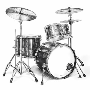 Hand Drawn Drum Set of 8 Clipart: Black and White PNGs (Commercial Use)