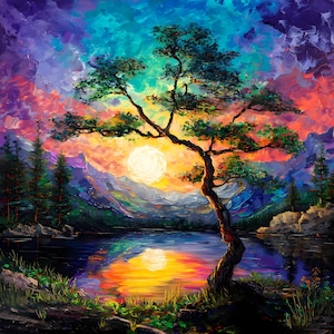 Può includere: Un vivace dipinto di paesaggio raffigura un albero con fogliame verde, sullo sfondo di un tramonto con un grande sole. Il cielo mescola sfumature di blu, viola e arancione. Il riflesso dell'albero brilla nel lago sottostante, con montagne sullo sfondo.