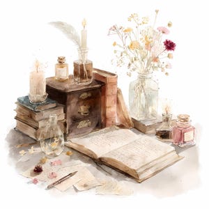 May include: Watercolor illustration of a vintage desk scene. Features an open book, candles, ink bottles, a quill, and a small wooden chest. A vase of dried flowers and scattered papers complete the antique aesthetic. Soft lighting and muted colors create a romantic ambiance.