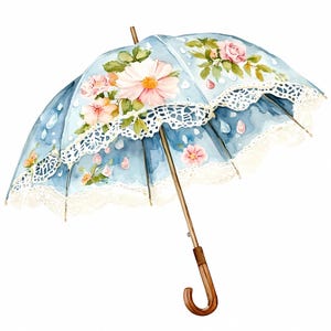 Conjunto de clipart de guarda-chuva floral vintage, guarda-chuva chique gasto em PNG, guarda-chuva de renda elegante em aquarela em JPG, guarda-chuva de chuva romântico, criação de cartões