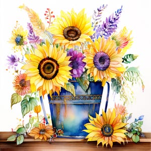 Aquarel zonnebloemen clipartbundel – gele zonnebloemboeketten png, bloemen digitale download, huwelijksuitnodigingen, sublimatie DIY prints