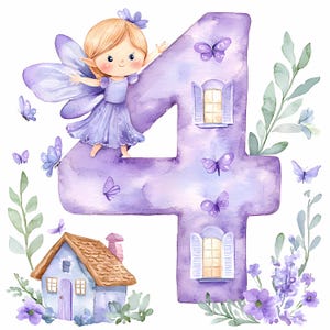 Fee 4. Mädchen Geburtstag Clipart Magische Rosa Zahl Drei, Aquarell Clipart, PNG Mädchen Druck, Aquarell 4. Geburtstag Prinzessin Clipart PNG