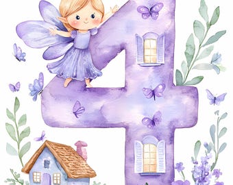 Clipart de 4º aniversário de fada: Princesa aquarela PNG (download digital)