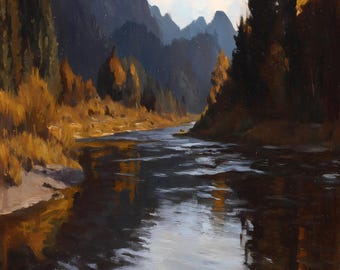 Mountain River Autumn Landscape Wall Art Painting, Printable Art